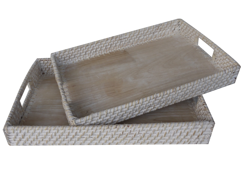 Rectangular rattan tray white washed